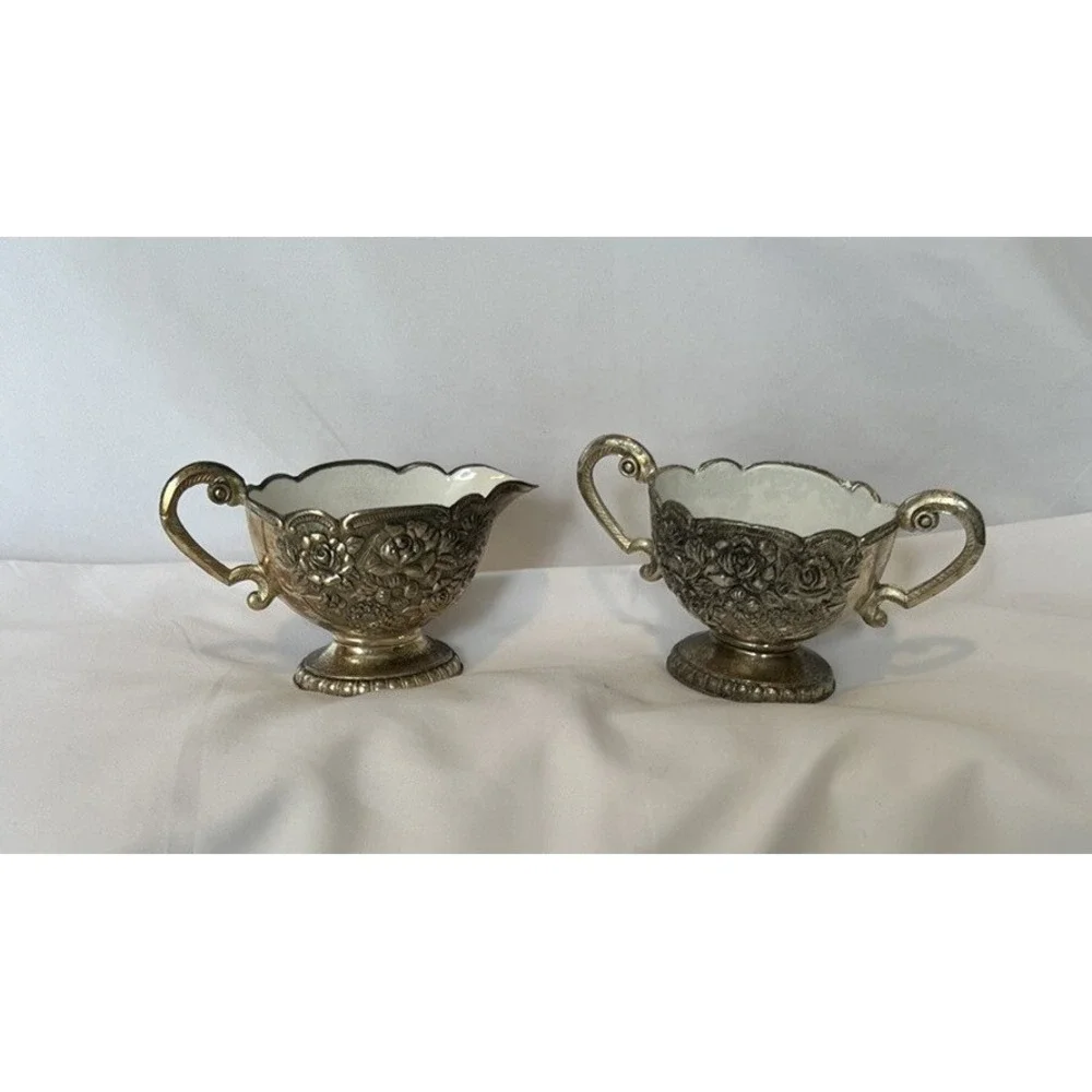Vintage Silver Plated Sugar And Creamer Set With‎ Inner Ceramic Coating Decor
